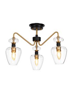 3 Light Semi-Flush - Aged Brass Plated & Charcoal Black Paint